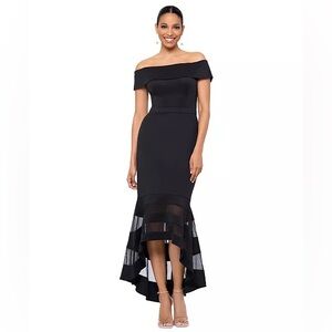 Xscape Black Off-the-Shoulder High-Low Mermaid Dress